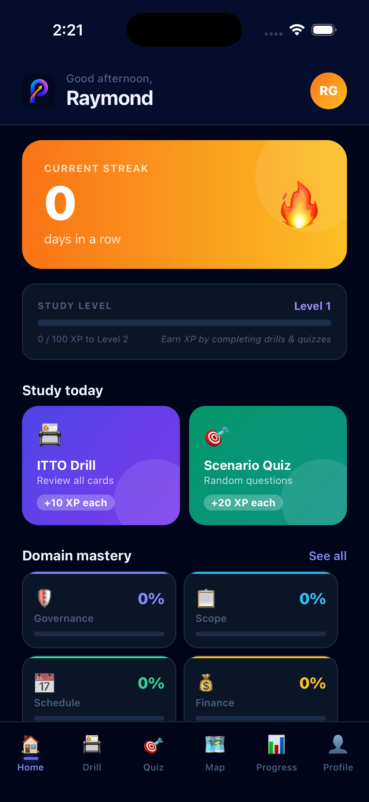 Praxam home dashboard showing study streak, drills, quizzes, and domain mastery